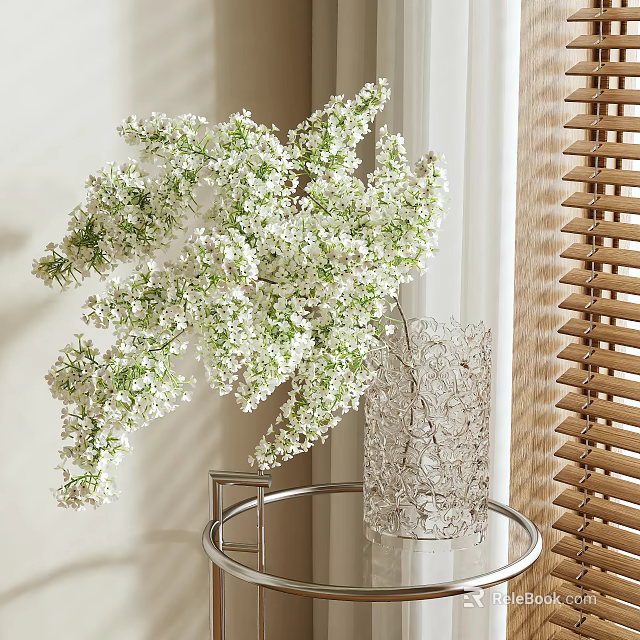 Lush White Flowers In Textured Glass Vase On Metal Stand By Window With Blinds 3d model 