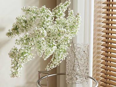 Lush White Flowers In Textured Glass Vase On Metal Stand By Window With Blinds 3d model