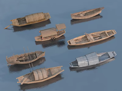 Traditional Wooden Boats In Various Vintage Styles Floating On Calm Water 3d model