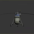 Green Military Helicopter with Blue Windows Yellow Markings and Rotors on Reflective Surface