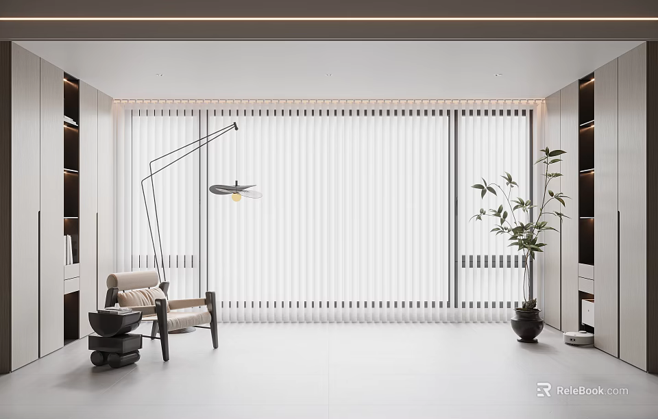 Modern Interior With Vertical Blinds Covering Large Windows Floor Lamp Chair Plant And Storage Cabinets 3d model 