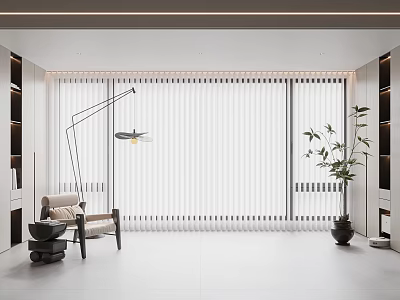 Modern Interior With Vertical Blinds Covering Large Windows Floor Lamp Chair Plant And Storage Cabinets 3d model