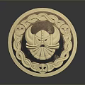 Weapon Themed Circular Golden Emblem With Decorative Patterns And Crossed Helmet Design