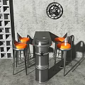 Modern Industrial Bar Counter With Metal Frame And Orange Cushioned Stools