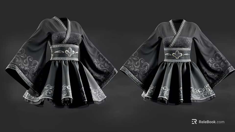 Traditional Black Dresses With Wide Sleeves And Decorative Waist Belt Embroidery Patterns 3d model 