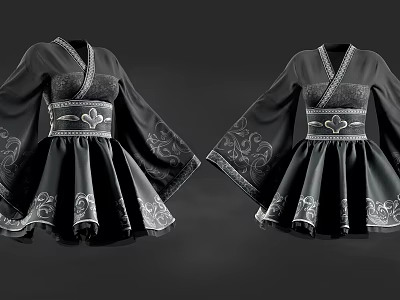 Traditional Black Dresses With Wide Sleeves And Decorative Waist Belt Embroidery Patterns 3d model