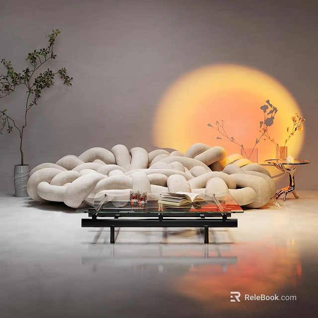 Plush Sectional Sofa With Tufted Design Warm Lighting Glass Coffee Table And Potted Plant 3d model 