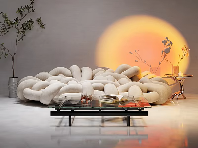 Plush Sectional Sofa With Tufted Design Warm Lighting Glass Coffee Table And Potted Plant 3d model