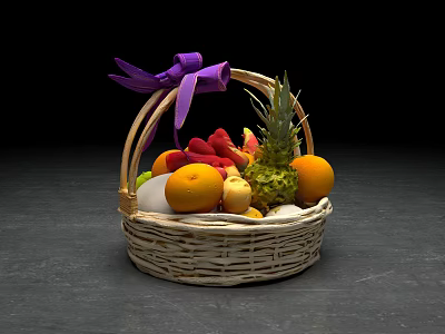 Delicious Assorted Fresh Fruits Arranged in Wicker Basket with Purple Ribbon 3d model