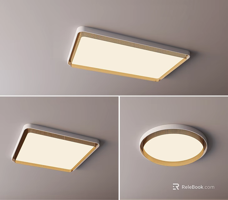Modern Minimalist Ceiling Light with White Shade and Gold Frame in Rectangle and Round Shapes 3d model 