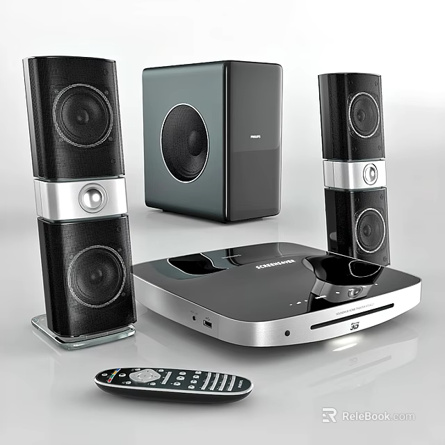 Modern Black Silver Home Audio System With Speakers Subwoofer And Remote Control 3d model 