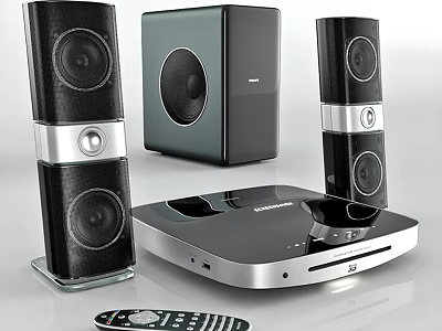 Modern Black Silver Home Audio System With Speakers Subwoofer And Remote Control 3d model