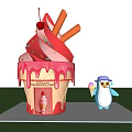 Pink Ice Cream Cone Landscape Sculpture With Cherry Orange Sticks Penguin Figure Green Grass Mountain View