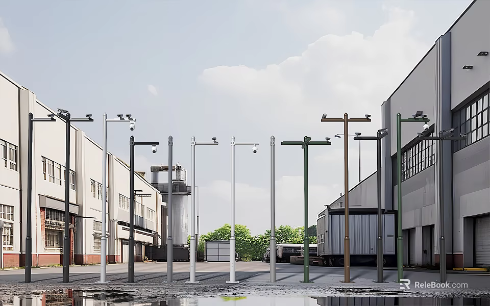 Diverse Colored Street Lamp Poles In Industrial Roadside Facilities With Buildings 3d model 