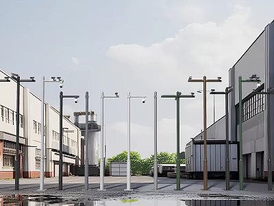 Diverse Colored Street Lamp Poles In Industrial Roadside Facilities With Buildings 3d model