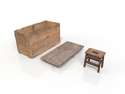 Rustic Vintage Wooden Box Plank And Small Stool For Home Decor 3d model