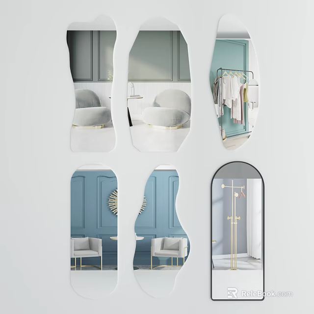 Stylish Modern Mirrors in Home Interior With Blue Walls White Chair and Clothes Rack 3d model 