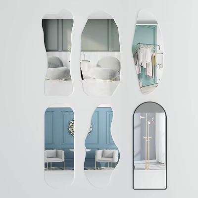 Stylish Modern Mirrors in Home Interior With Blue Walls White Chair and Clothes Rack 3d model