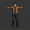 Man Wearing Brown Leather Jacket Dark Jeans Brown Boots With Arms Outstretched Gray Background
