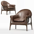Brown Leather Accent Chair With Curved Backrest And Wooden Legs Design