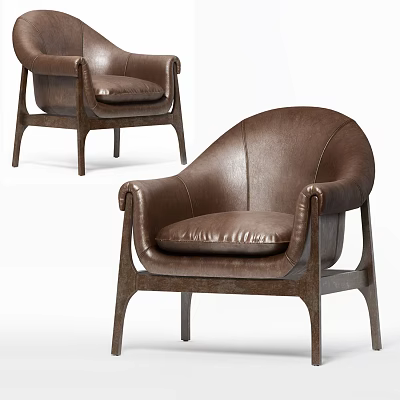 Brown Leather Accent Chair With Curved Backrest And Wooden Legs Design 3d model