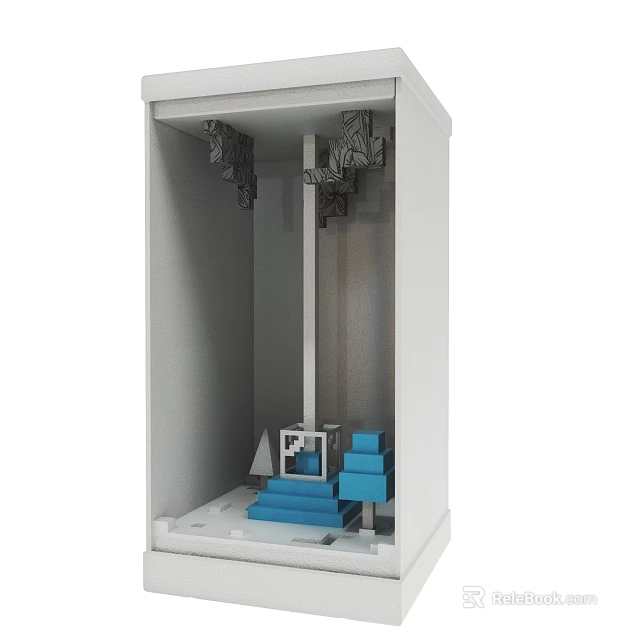 White Box Miniature Model With Gray Decorative Parts And Blue Step Formation 3d model 