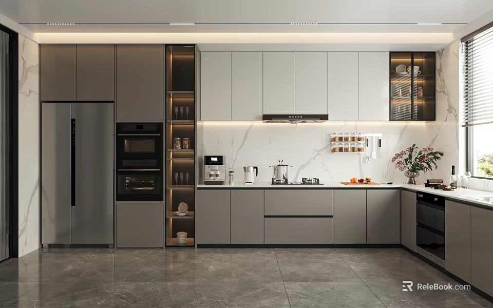 Modern Kitchen Interior Design With Grey White Cabinets Refrigerator Oven And Coffee Maker On Countertop 3d model 