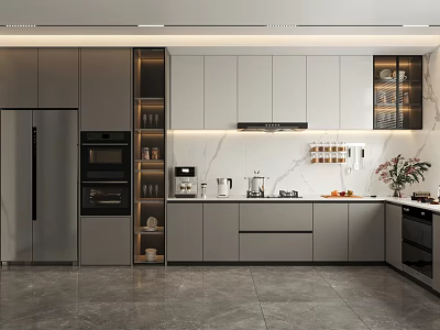 Modern Kitchen Interior Design With Grey White Cabinets Refrigerator Oven And Coffee Maker On Countertop 3d model