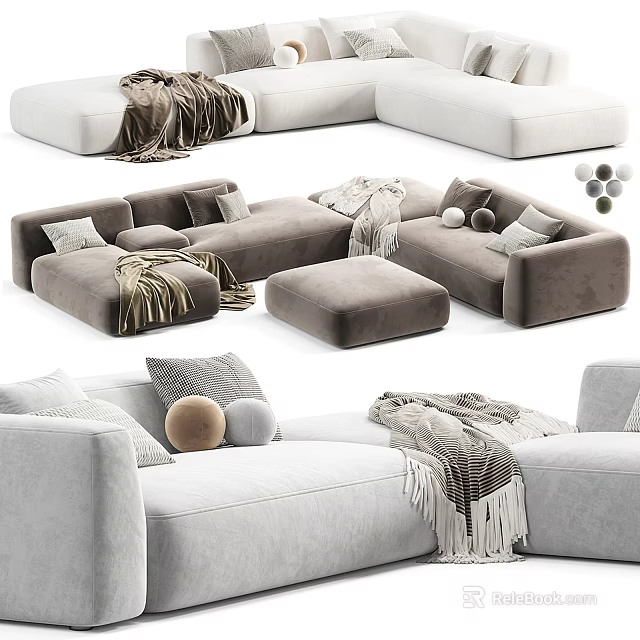 Sectional Sofa Interior With Neutral Tones Throw Pillows Blankets And Ottoman 3d model