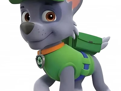 Friendly Gray Puppy In Green Vest Hat And Backpack Standing Cheerfully 3d model