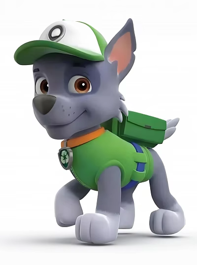 Friendly Gray Puppy In Green Vest Hat And Backpack Standing Cheerfully 3d model