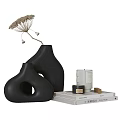 Decorative Ornament Set with Black Vases Hollow Design Dried Flower White Candle and Books