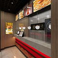 Modern Restaurant Interior With Menu Display Counter Hanging Lights And Dish 3d model