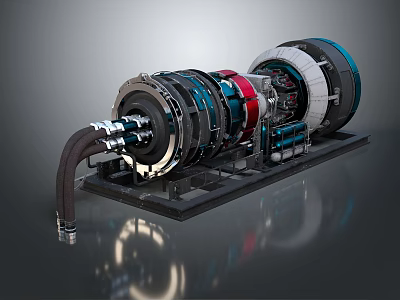 Large Industrial Mechanical Equipment With Cylindrical Components Colored Sections And Pipes 3d model