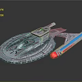 Spacecraft Model With Silver Body Blue Stripes Red Engine And Streamlined Design