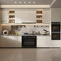 Modern Kitchen Interior With White Cabinets Built In Oven And Storage Shelves
