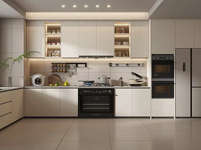Modern Kitchen Interior With White Cabinets Built In Oven And Storage Shelves 3d model