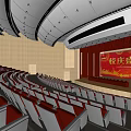 Spacious Conference Room With Tiered Red Seats And Stage And Red Backdrop Screen For Events