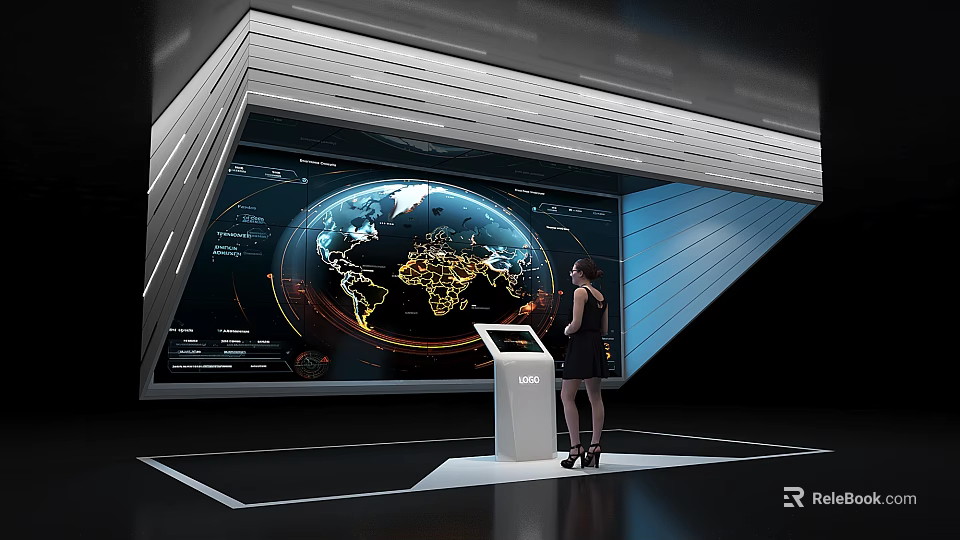 Futuristic Tech Display With Interactive Global Data Screen And Woman Operator 3d model 