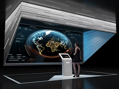 Futuristic Tech Display With Interactive Global Data Screen And Woman Operator 3d model