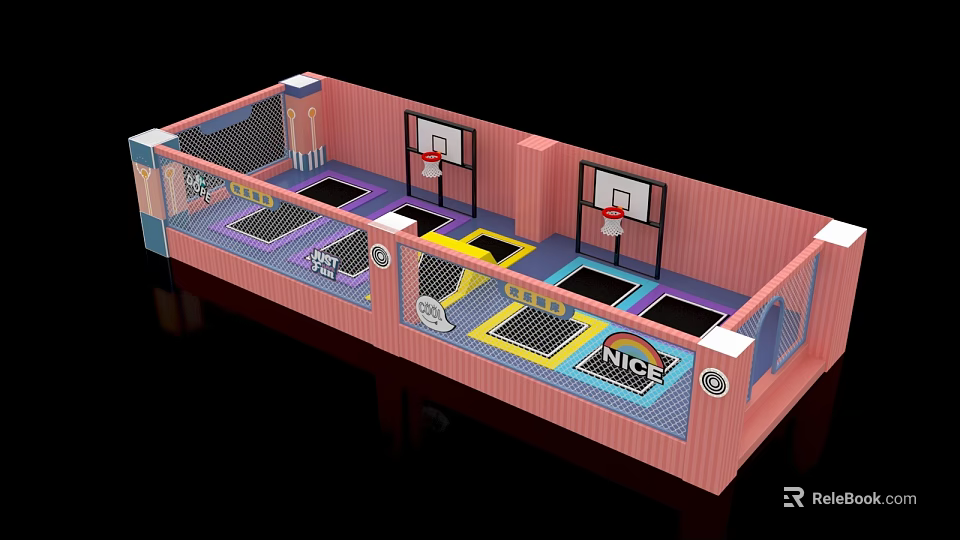 Indoor Trampoline Sports Equipment With Colorful Jumping Areas And Basketball Hoops 3d model 