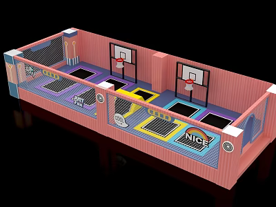 Indoor Trampoline Sports Equipment With Colorful Jumping Areas And Basketball Hoops 3d model