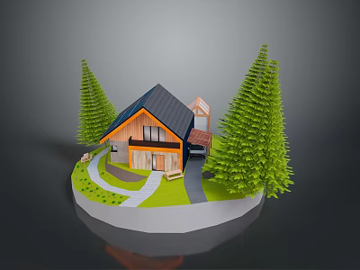 Miniature Wooden House Model With Black Roof Pine Trees And Green Lawn Pathway 3d model