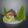 Miniature Wooden House Model With Black Roof Pine Trees And Green Lawn Pathway