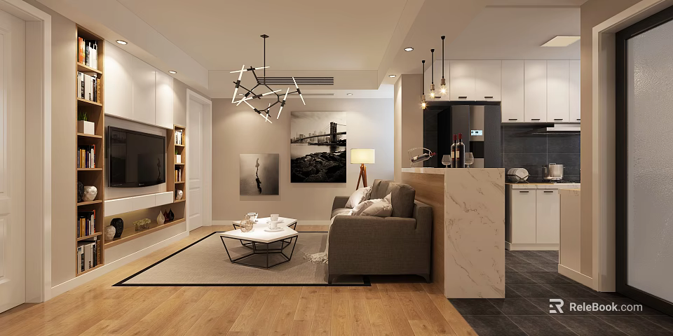 Modern Living Room Interior Design With Gray Sofa Coffee Table And Chandelier 3d model 