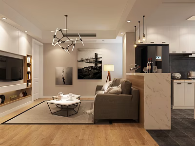 Modern Living Room Interior Design With Gray Sofa Coffee Table And Chandelier 3d model