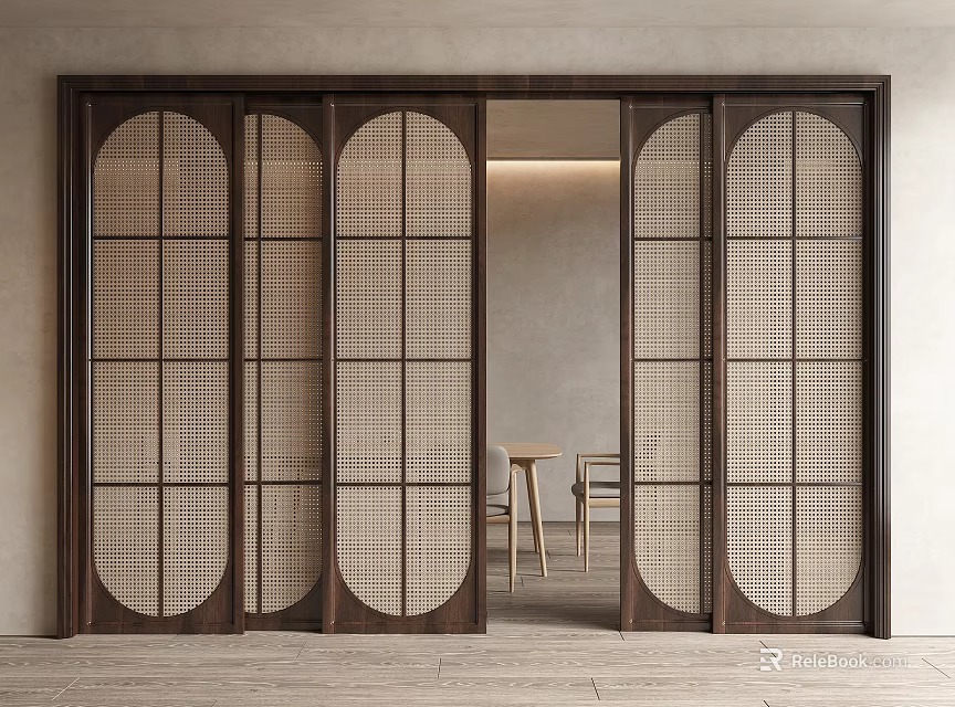 Wooden Frame Sliding Doors With Grid Design For Modern Interior Space 3d model