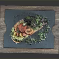 Fresh Avocado Tomato Toast With Lemon Slice Lettuce And Green Garnish On Black Slate Board