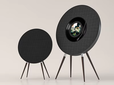 Two Black Round Speakers With Tripod Stands And Display Screen 3d model