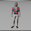 Mustached Man Wearing Green Floral Shirt White Pants Gold Bracelets And Flowers Against Gray Background